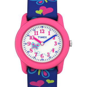 TIMEX TIME MACHINES&reg; 29mm Butterflies and Hearts Blue Elastic Fabric Kids Watch
